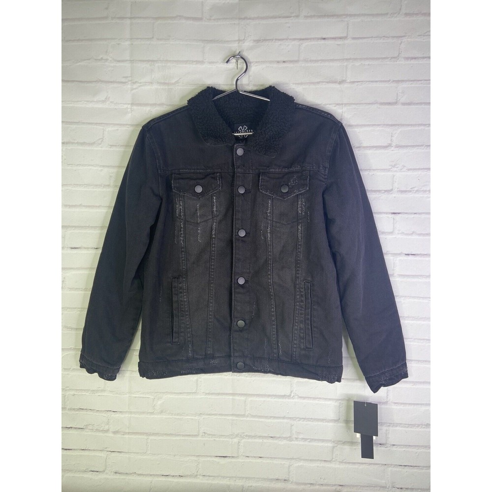 Jaywalker Big Kid Boys Denim Jean Jacket Sherpa Lined Black Distressed Size L